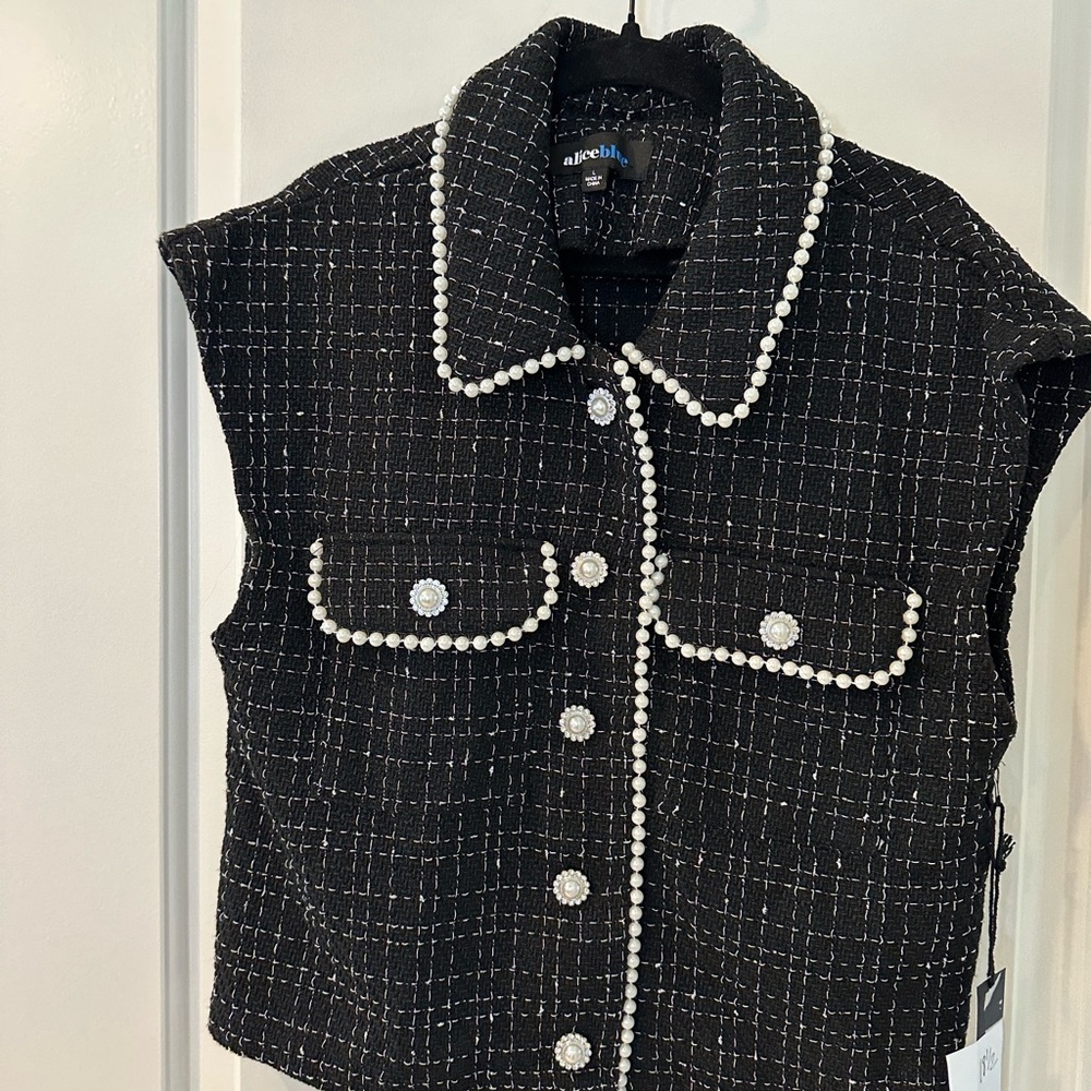 ALICE BLUE NWT LARGE Pearl-Trim Black Tweed Vest - Picture 2 of 5